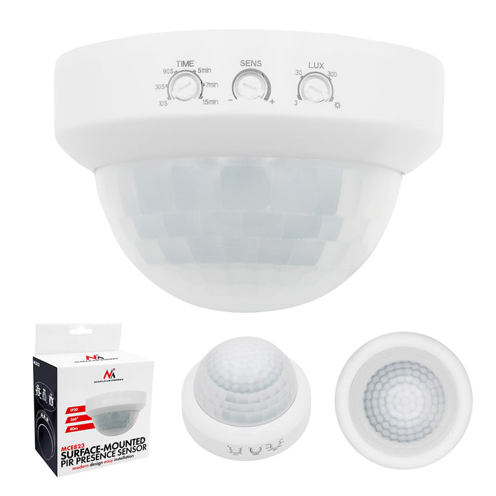 Maclean PIR-närvarosensor, för ytmontering, räckvidd 10x40 m, 1000 W/2000 W, 220–240 V AC, 50/60 Hz, MCE823