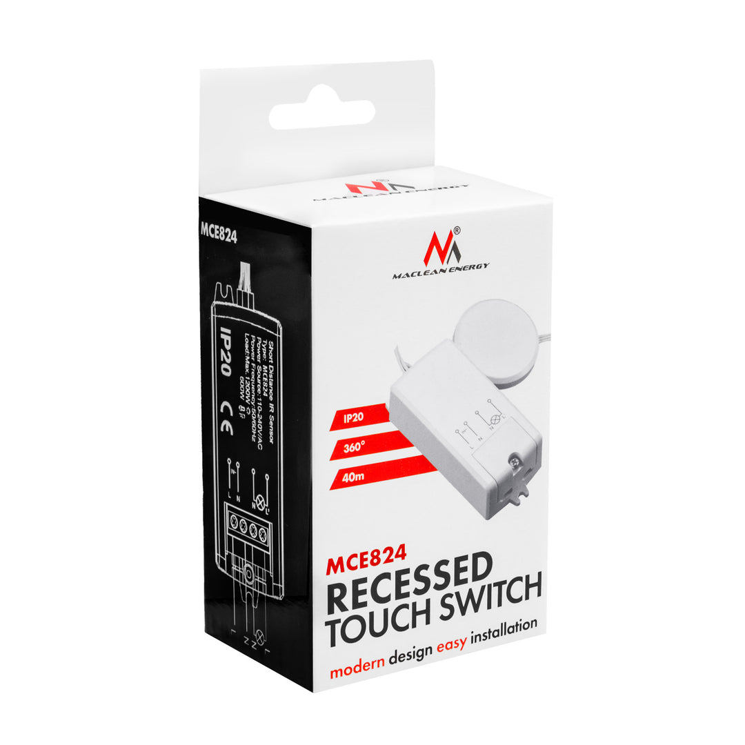 Maclean infälld touchbrytare, <40 mm, 110–240 V växelström, max. belastning 600 W för LED, MCE824
