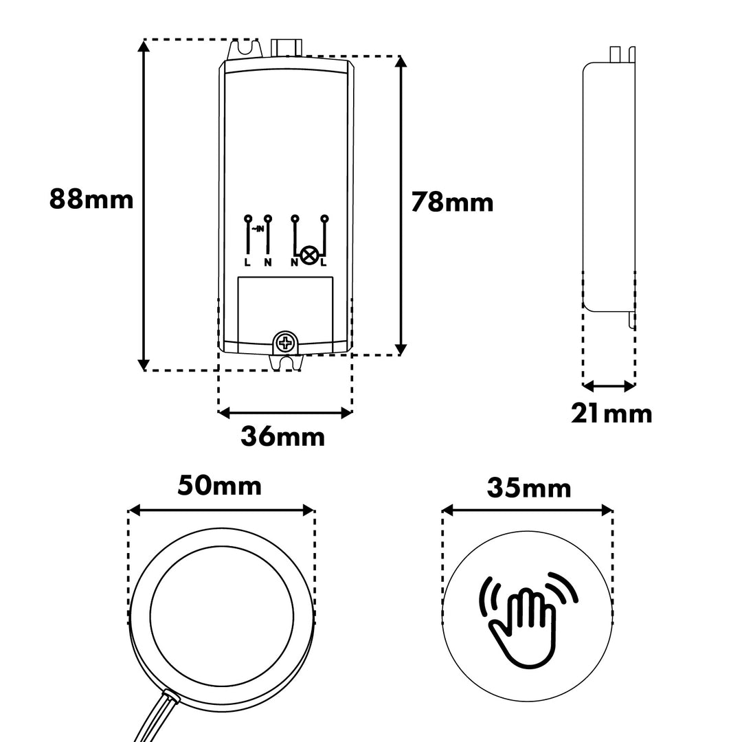 Maclean infälld touchbrytare, <40 mm, 110–240 V växelström, max. belastning 600 W för LED, MCE824