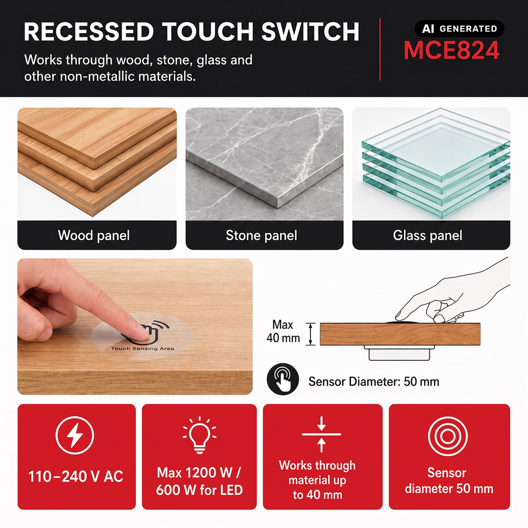 Maclean infälld touchbrytare, <40 mm, 110–240 V växelström, max. belastning 600 W för LED, MCE824