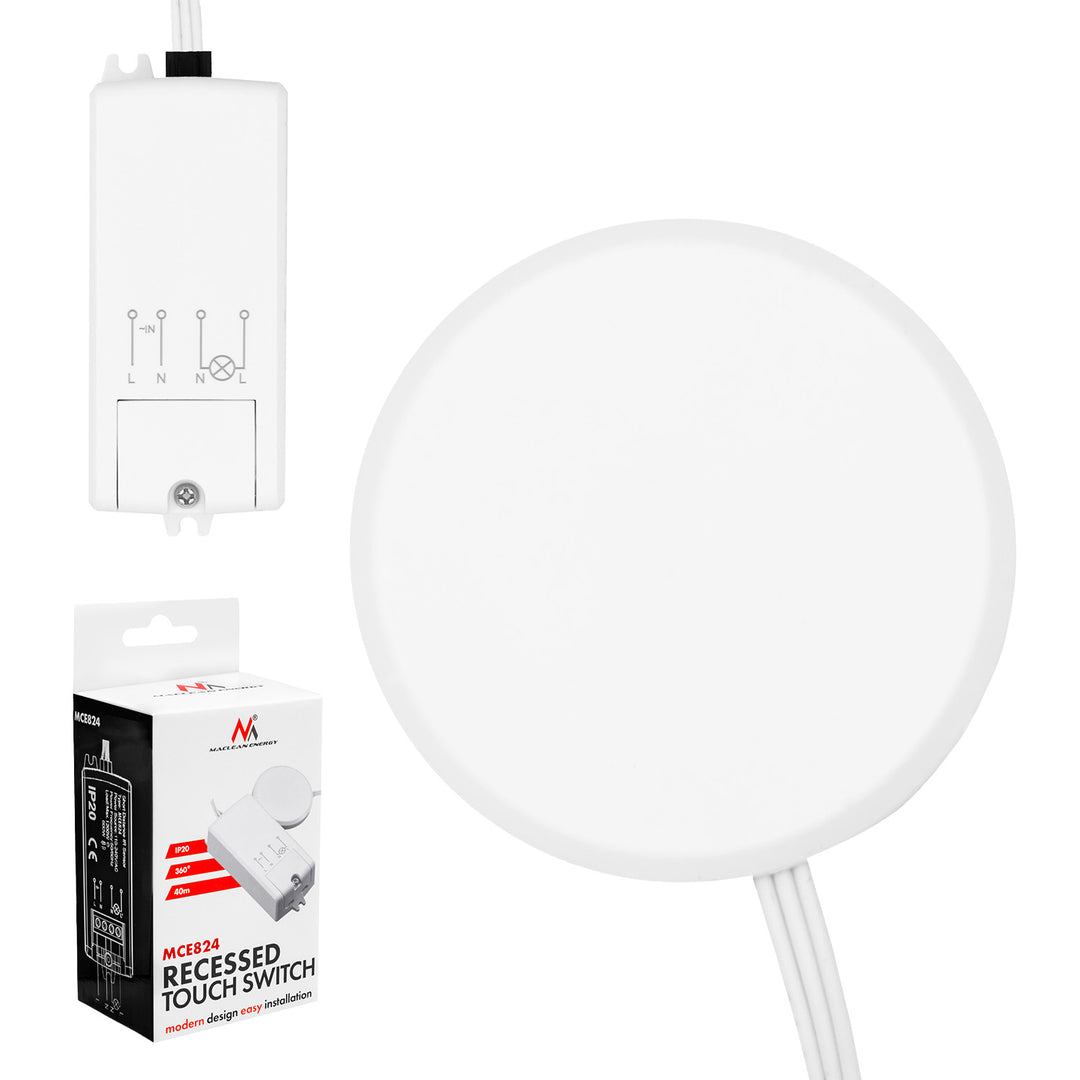Maclean infälld touchbrytare, <40 mm, 110–240 V växelström, max. belastning 600 W för LED, MCE824