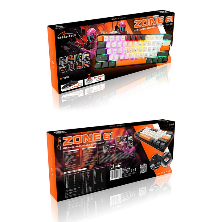 ZONE 61 – Mekanisk gamingtangentbord av typen short 60 %, mekaniska silent RED-brytare, färgad bakgrundsbelysning, 61 tangenter, USB-C, Mediatech