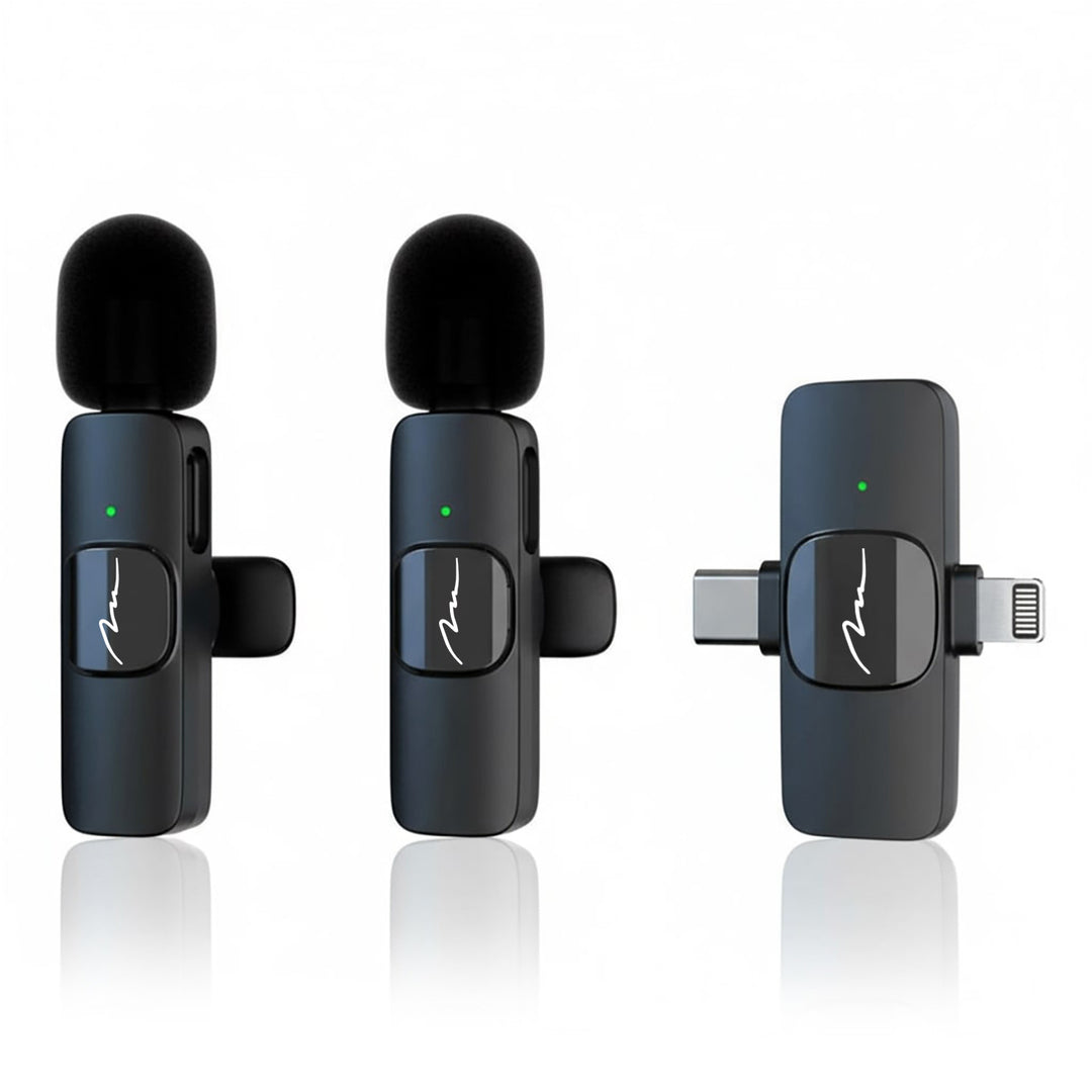 MICRO-MIC DUO – 2x trådlös mikrofon med klämma (set), för iOS och Android (OTG), mini, superkänslig. USB-C och LIGHTNING, Mediatech