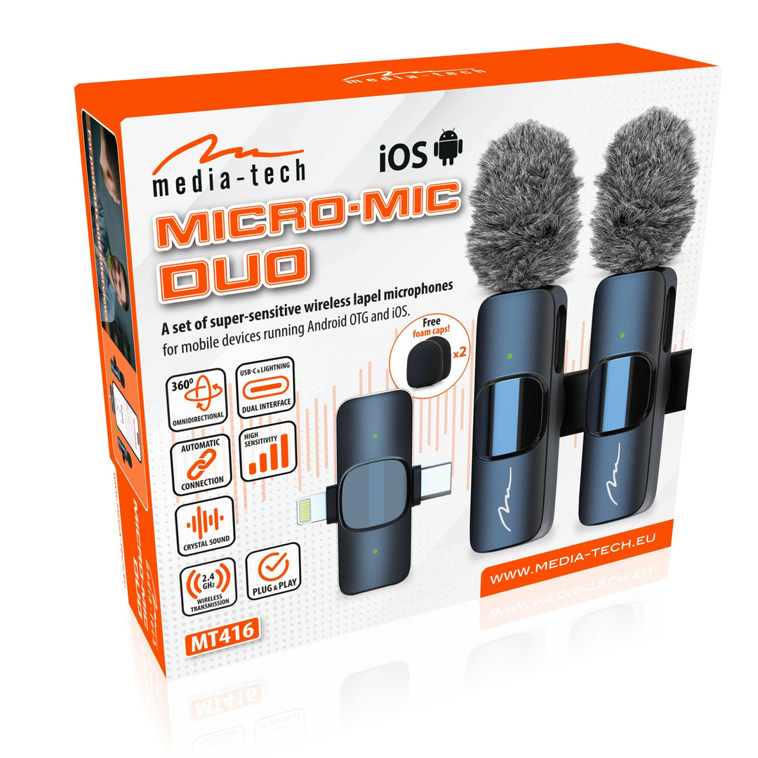 MICRO-MIC DUO – 2x trådlös mikrofon med klämma (set), för iOS och Android (OTG), mini, superkänslig. USB-C och LIGHTNING, Mediatech
