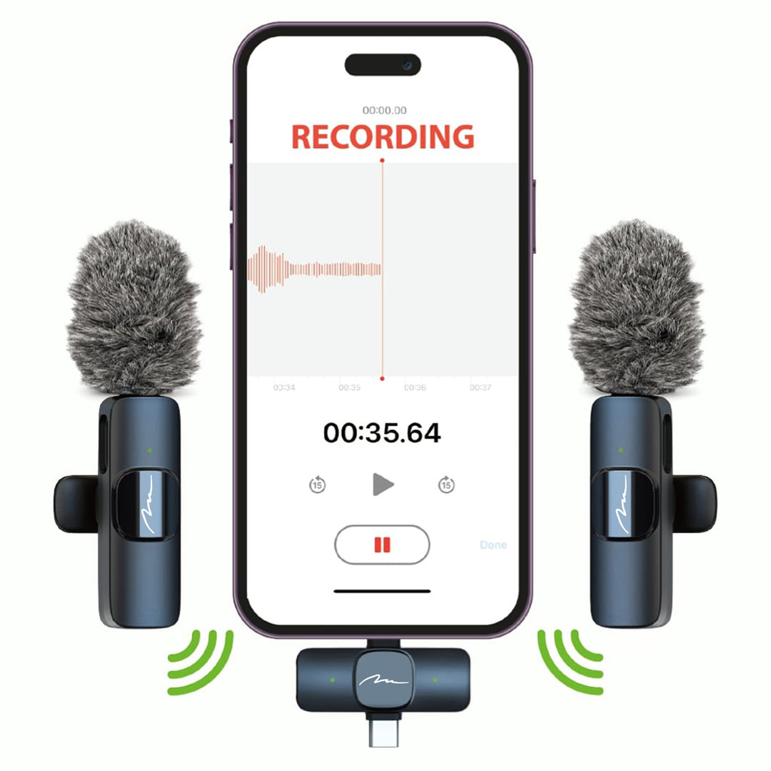 MICRO-MIC DUO – 2x trådlös mikrofon med klämma (set), för iOS och Android (OTG), mini, superkänslig. USB-C och LIGHTNING, Mediatech