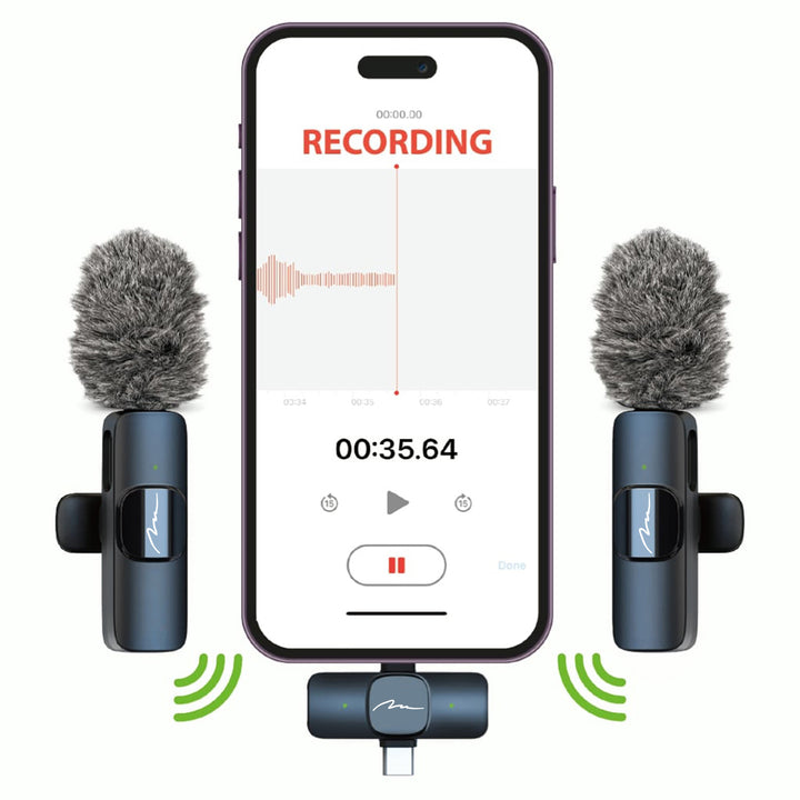 MICRO-MIC DUO – 2x trådlös mikrofon med klämma (set), för iOS och Android (OTG), mini, superkänslig. USB-C och LIGHTNING, Mediatech