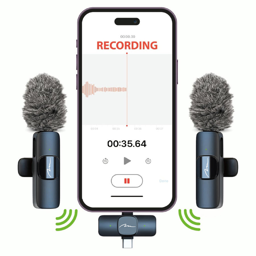 MICRO-MIC DUO – 2x trådlös mikrofon med klämma (set), för iOS och Android (OTG), mini, superkänslig. USB-C och LIGHTNING, Mediatech