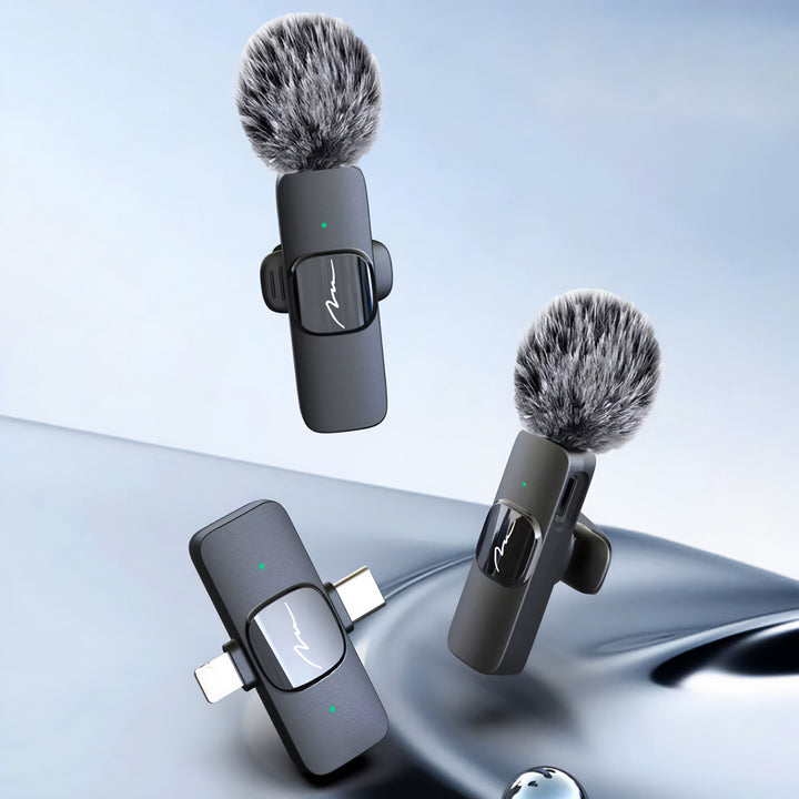 MICRO-MIC DUO – 2x trådlös mikrofon med klämma (set), för iOS och Android (OTG), mini, superkänslig. USB-C och LIGHTNING, Mediatech