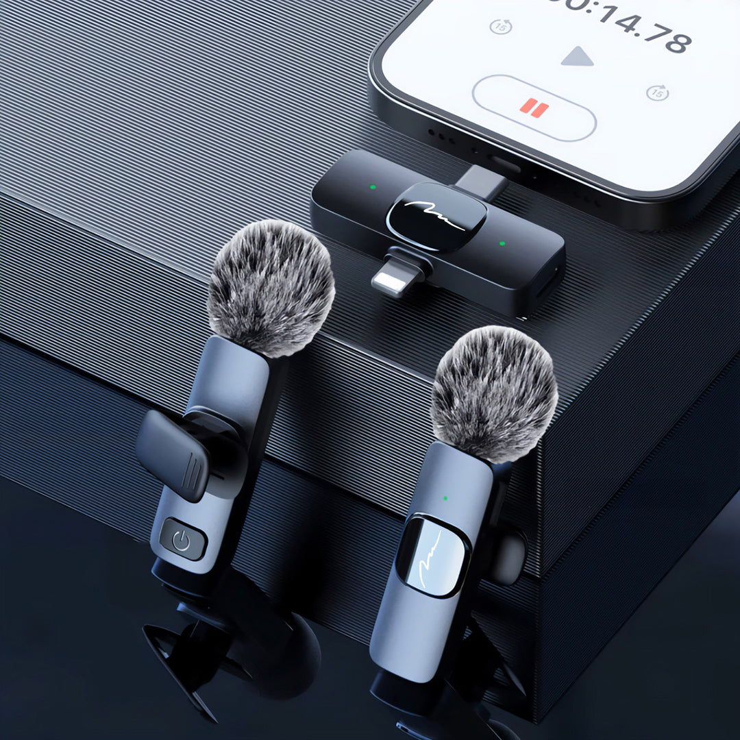 MICRO-MIC DUO – 2x trådlös mikrofon med klämma (set), för iOS och Android (OTG), mini, superkänslig. USB-C och LIGHTNING, Mediatech