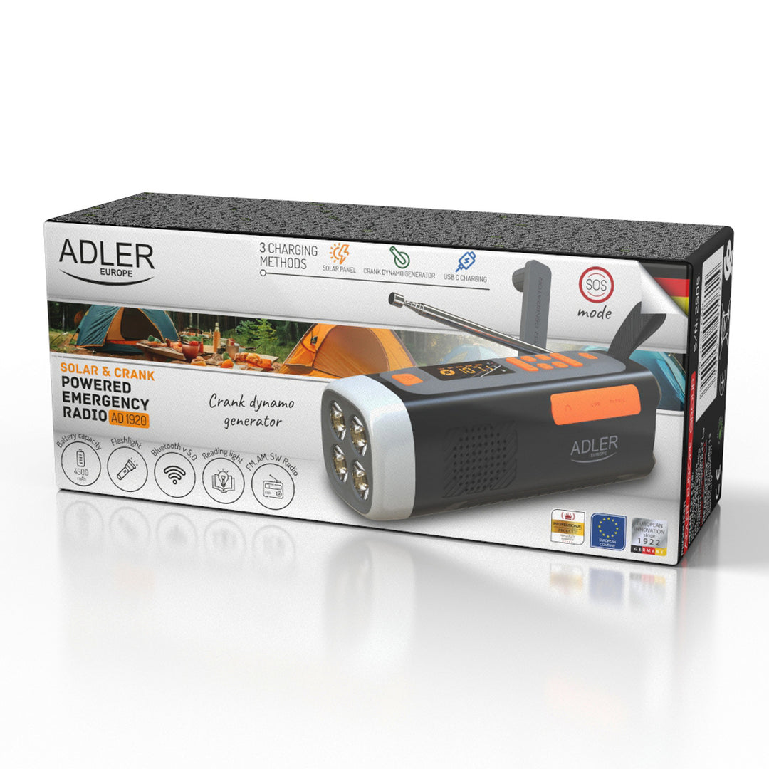 Adler nödradio, med solpanel, vev och powerbank, Bluetooth 5.0, LED-ficklampa 4W, 4500 mAh, AD 1920