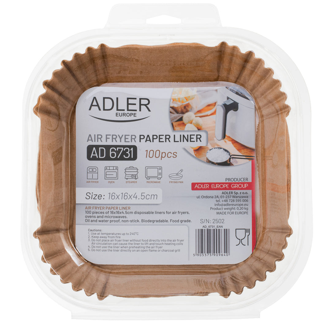 Pappersinsatser till fritös Adler, 16 cm, upp till 240 °C, biologiskt nedbrytbara, 100 stycken, AD 6731