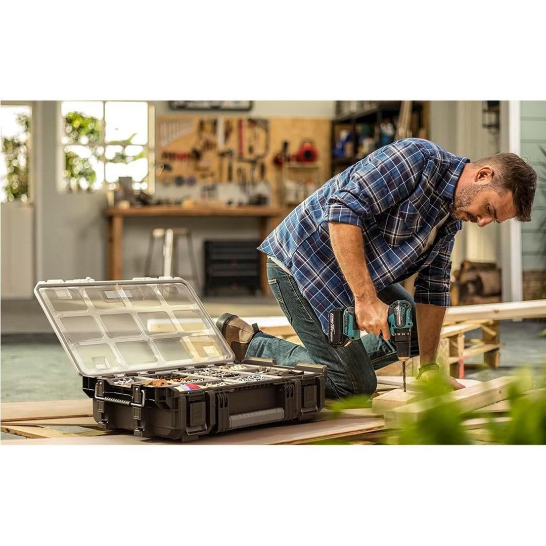 Verktygsförvaring Keter ROC Pro Gear 1.0, rymmer över 13 liter, genomskinligt och tåligt lock, tätning som skyddar mot damm och vatten, metallspärrar, 257190