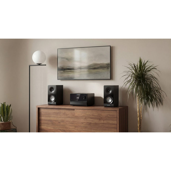 Blaupunkt mikrotorn, effekt 100 W RMS, DAB+-tuner, LED-display, FM-radio, teleskopantenn ingår, HDMI ARC-anslutning, CD/MP3/USB/BT, klocka med alarmfunktion, MS49DAB