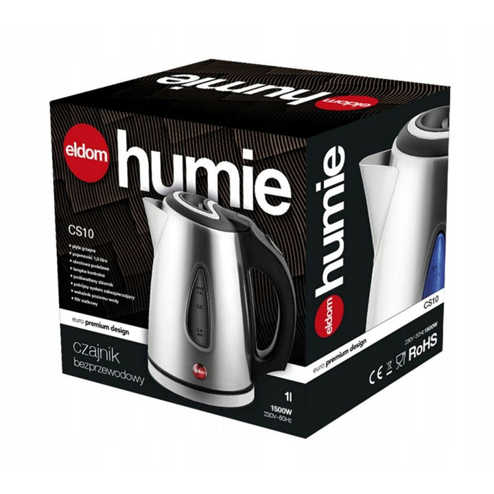 Eldom vattenkokare, silverfärgad, effekt 1500 W, kapacitet 1 liter, vattennivåindikator, upplyst, CS10