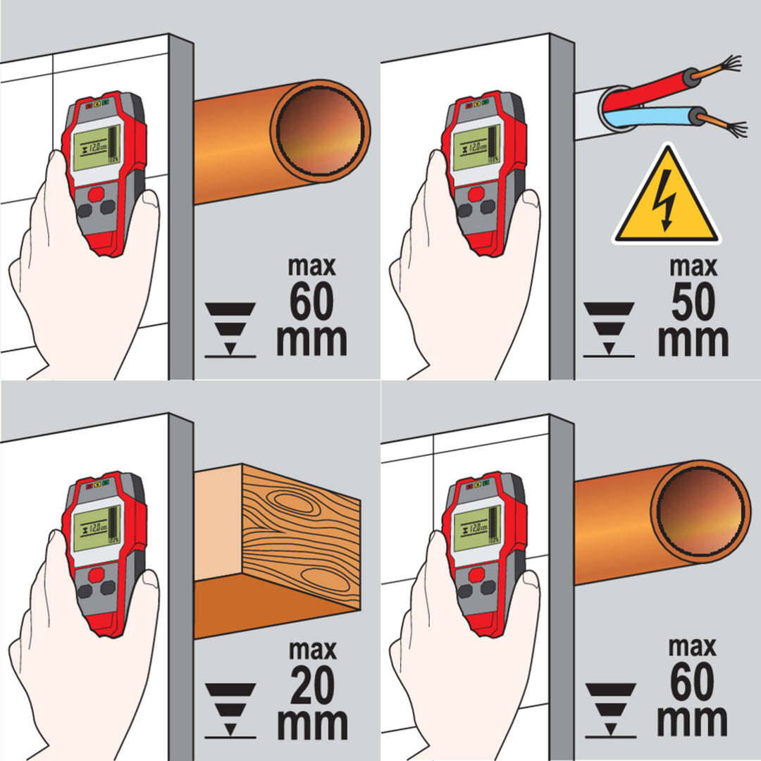 Professionell lednings- och profilavkännare från Yato, stor display med LED-belysning, fodral ingår, ljudsignal och tre signaldioder, justerbar avkänningsstyrka, YT-73131