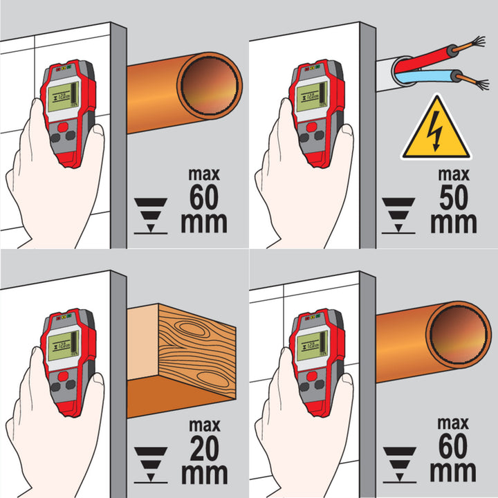 Professionell lednings- och profilavkännare från Yato, stor display med LED-belysning, fodral ingår, ljudsignal och tre signaldioder, justerbar avkänningsstyrka, YT-73131