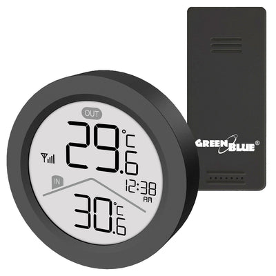 GreenBlue trådlös väderstation, inomhus-/utomhustemperatur, klocka, val mellan °C och °F, räckvidd upp till 60 m, svart, GB162 B