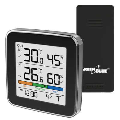 GreenBlue trådlös väderstation, temperatur + luftfuktighet IN/OUT, klocka + alarm + datum, °C / °F, upp till 60 m, svart, GB169 B