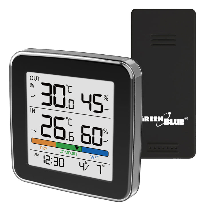 GreenBlue trådlös väderstation, temperatur + luftfuktighet IN/OUT, klocka + alarm + datum, °C / °F, upp till 60 m, svart, GB169 B