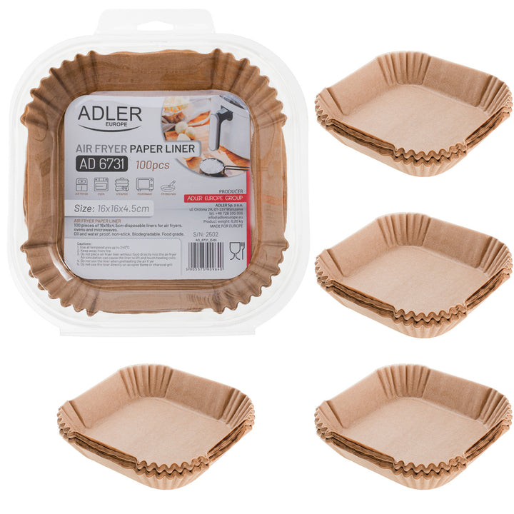 Pappersinsatser för fritös, airfryer, Adler, 16 cm, upp till 240 °C, biologiskt nedbrytbara, 500 stycken, AD 6731