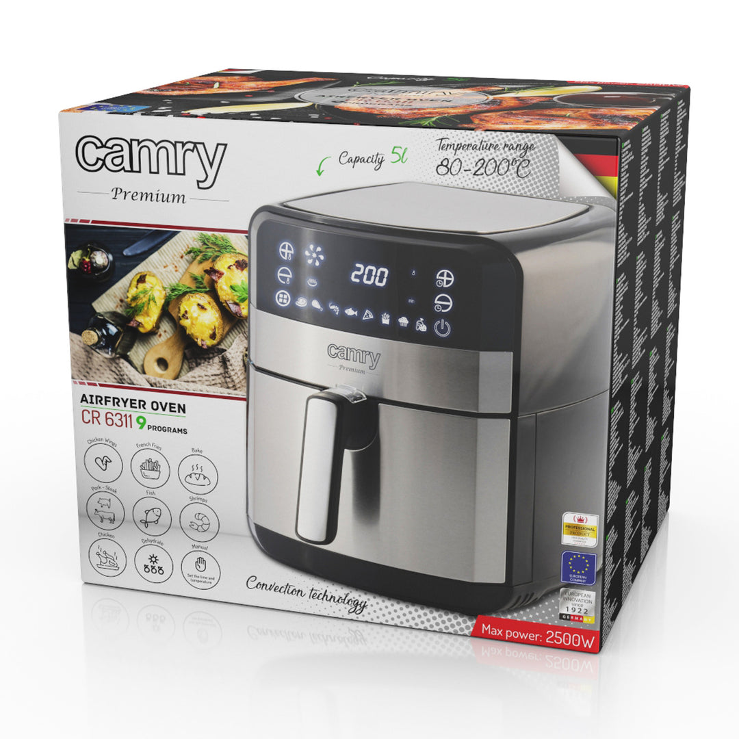 Fettfri fritös, 9 program, 5,0 L, Airfryer, Camry CR 6311 + pappersinsatser till fritösen, 16 cm, biologiskt nedbrytbara, 100 stycken