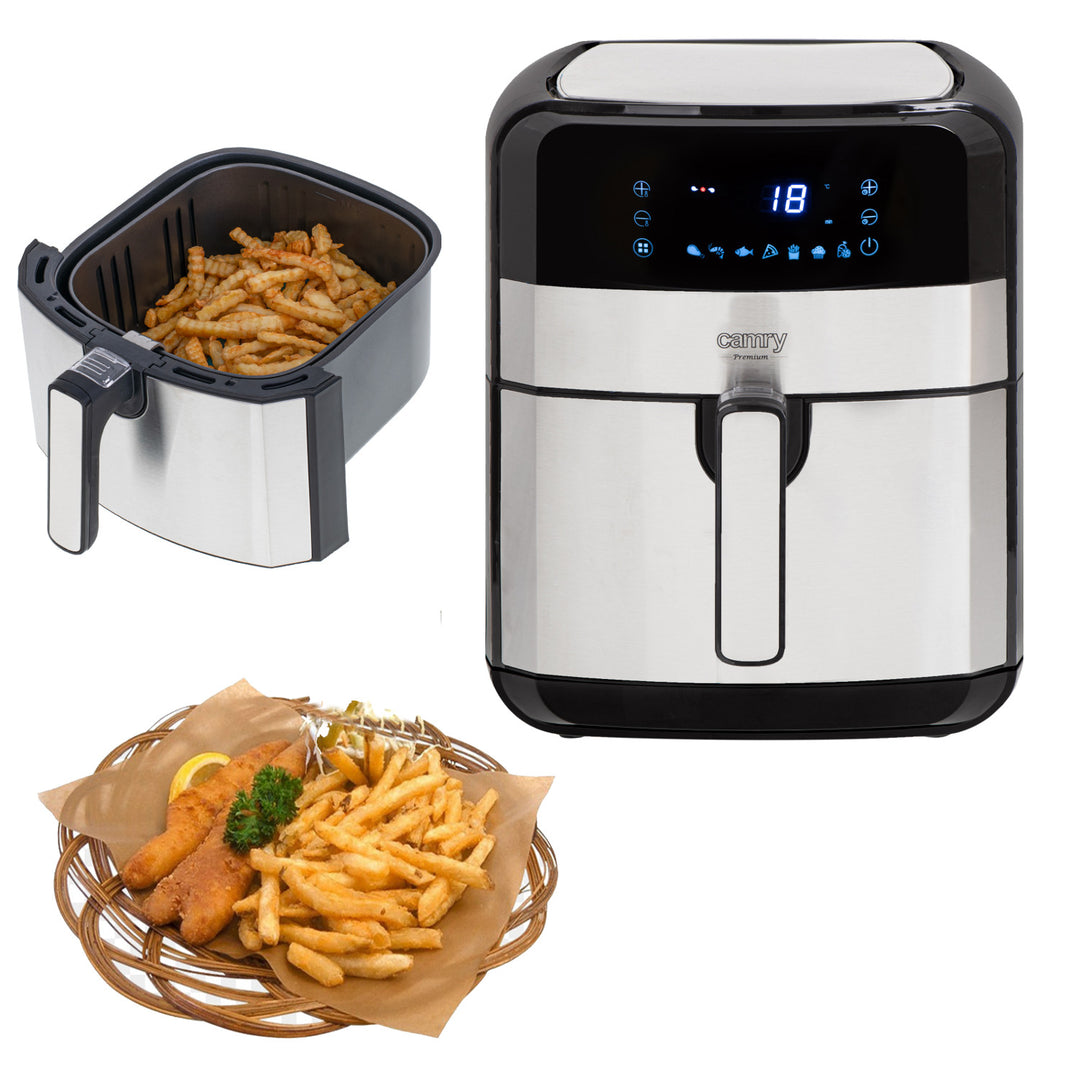 Fettfri fritös, 9 program, 5,0 L, Airfryer, Camry CR 6311 + pappersinsatser till fritösen, 16 cm, biologiskt nedbrytbara, 100 stycken