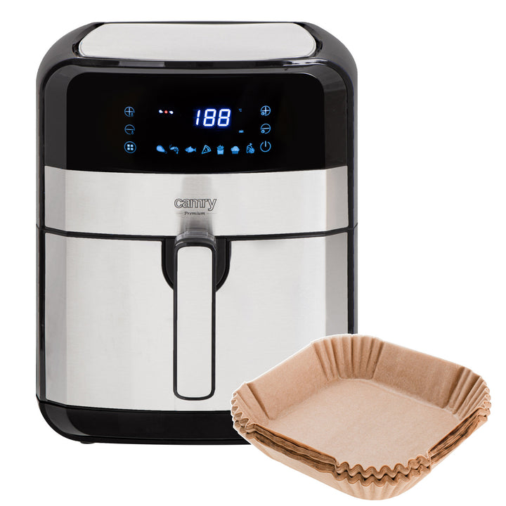 Fettfri fritös, 9 program, 5,0 L, Airfryer, Camry CR 6311 + pappersinsatser till fritösen, 16 cm, biologiskt nedbrytbara, 100 stycken