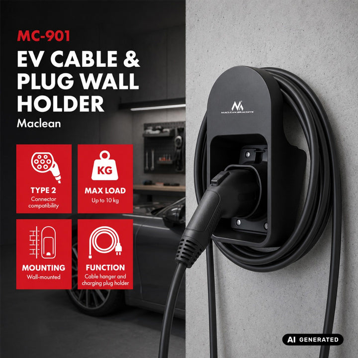 Väggfäste för kabel och kontakt till Maclean EV-laddare, universellt, typ 2, max. belastning 10 kg, MC-901