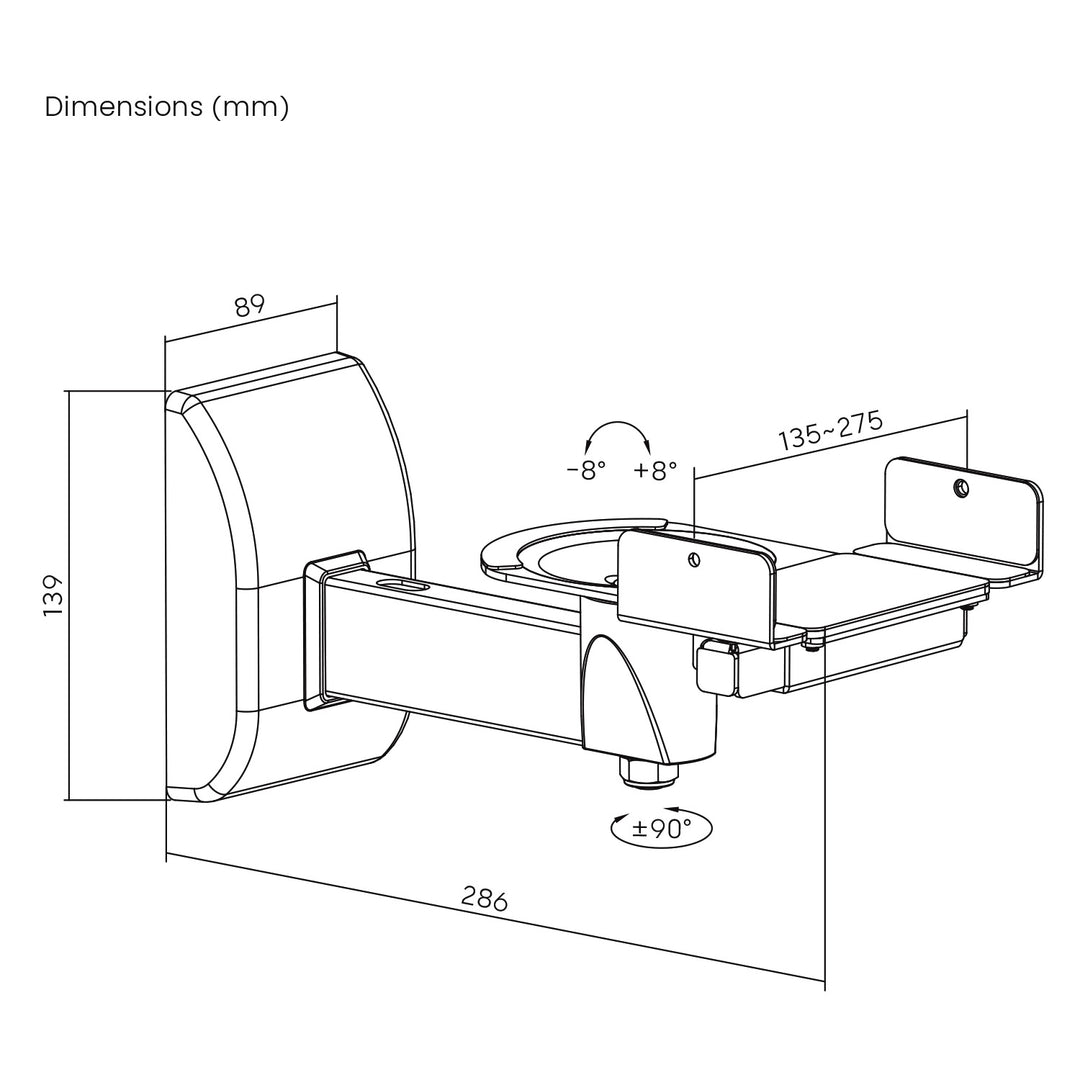 Set med fästen/hängare för Maclean-högtalare, universellt, justerbart vertikalt +8°–-8° och horisontellt +90°–-90°, max. 15 kg, MC-917