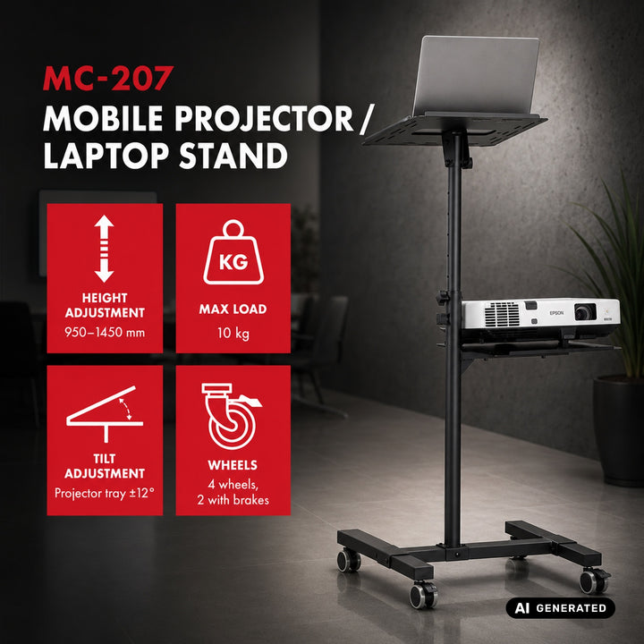 Maclean – justerbart, mobilt bord för projektor/bärbar dator, stål, max. 10 kg, MC-207