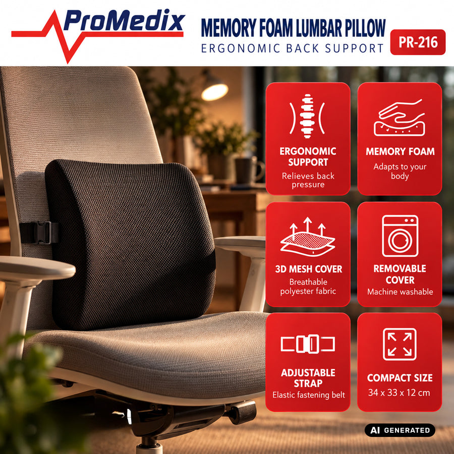 Promedix-ryggkudde av formminnesskum, 34x31x12 cm, skumdensitet: 50D, PR-216