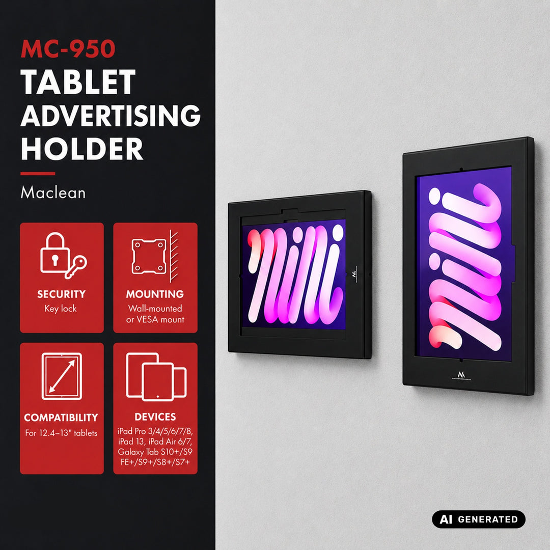 Maclean-hållare för surfplatta, med lås, 12,4–13 tum, iPad Air/Pro, Samsung Tab S10+/S9+/S8+/S7+, 257 x 350 x 22 mm, MC-950 B