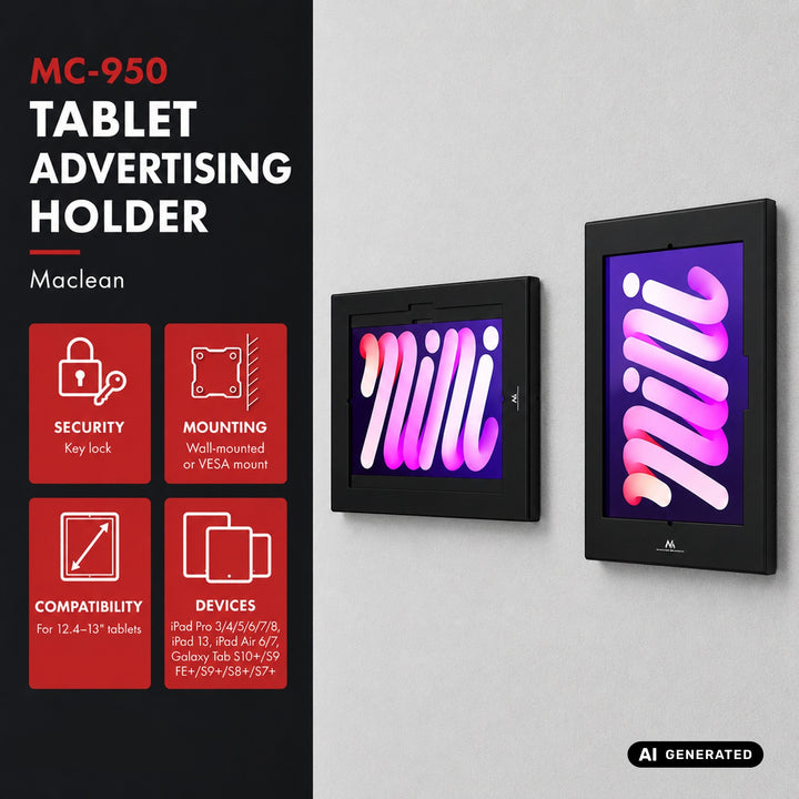 Maclean-hållare för surfplatta, med lås, 12,4–13 tum, iPad Air/Pro, Samsung Tab S10+/S9+/S8+/S7+, 257 x 350 x 22 mm, MC-950 B