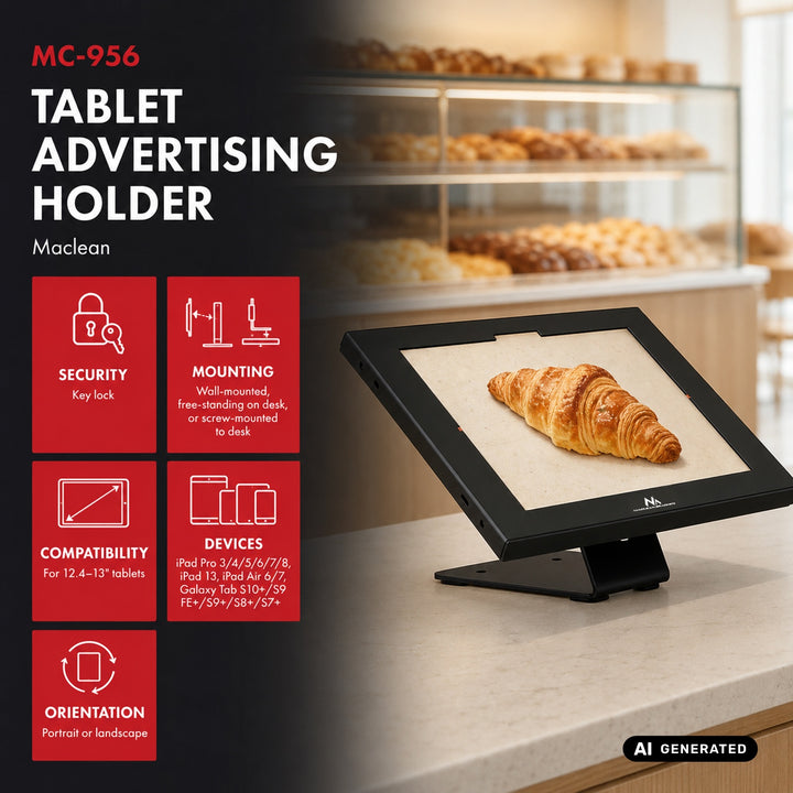 Maclean-hållare för surfplatta, med lås, 12,4–13 tum, iPad Air/Pro, Samsung Tab S10+/S9+/S8+/S7+, 257×350×22 mm, MC-956 B