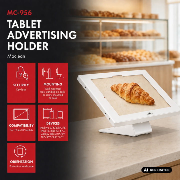 Maclean-hållare för surfplatta, med lås, 12,4–13 tum, iPad Air/Pro, Samsung Tab S10+/S9+/S8+/S7+, 257 x 350 x 22 mm, MC-956 W
