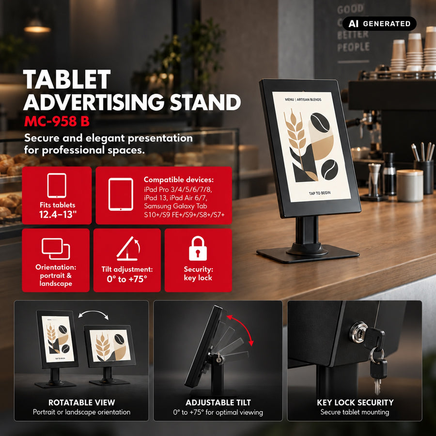 Maclean-hållare för surfplatta med lås. 12,4–13 tum, iPad Air/Pro, Samsung Tab S10+/S9+/S8+/S7+, 257 × 350 × 22 mm, MC-958 B
