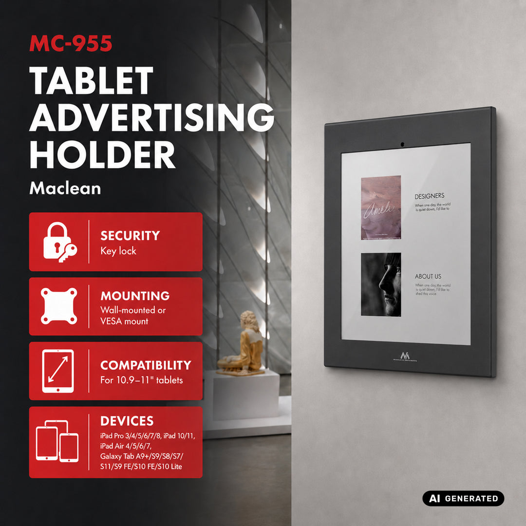 Maclean-hållare för surfplatta, med lås, 10,9–11 tum, iPad Air/Pro, Samsung Tab A- och S-serien, 220 × 323 × 22 mm, MC-955 B