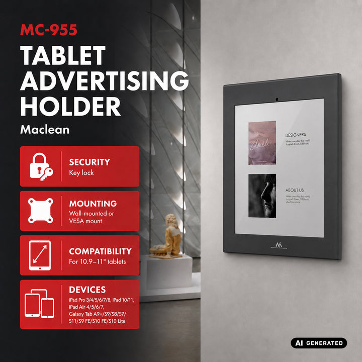 Maclean-hållare för surfplatta, med lås, 10,9–11 tum, iPad Air/Pro, Samsung Tab A- och S-serien, 220 × 323 × 22 mm, MC-955 B