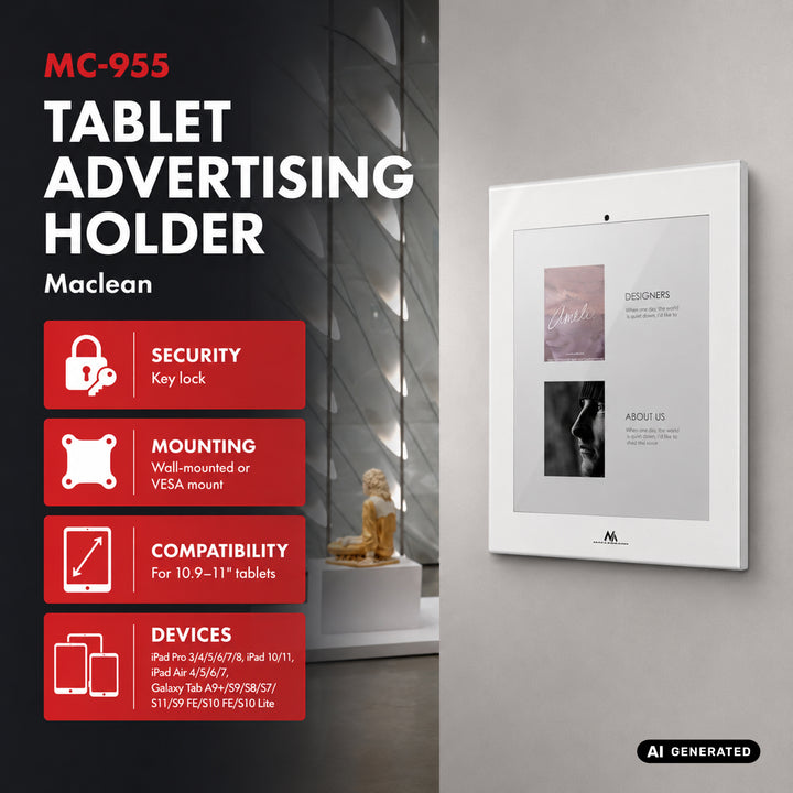 Maclean-hållare för surfplatta, med lås, 10,9–11 tum, iPad Air/Pro, Samsung Tab A- och S-serien, 220 × 323 × 22 mm, MC-955 W