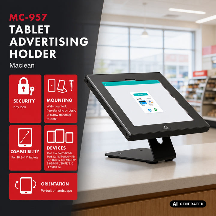 Maclean-reklamfäste för surfplatta, med lås, 10,9–11 tum, iPad Air/Pro, Samsung Tab A- och S-serien, 220 × 323 × 22 mm, MC-957 B