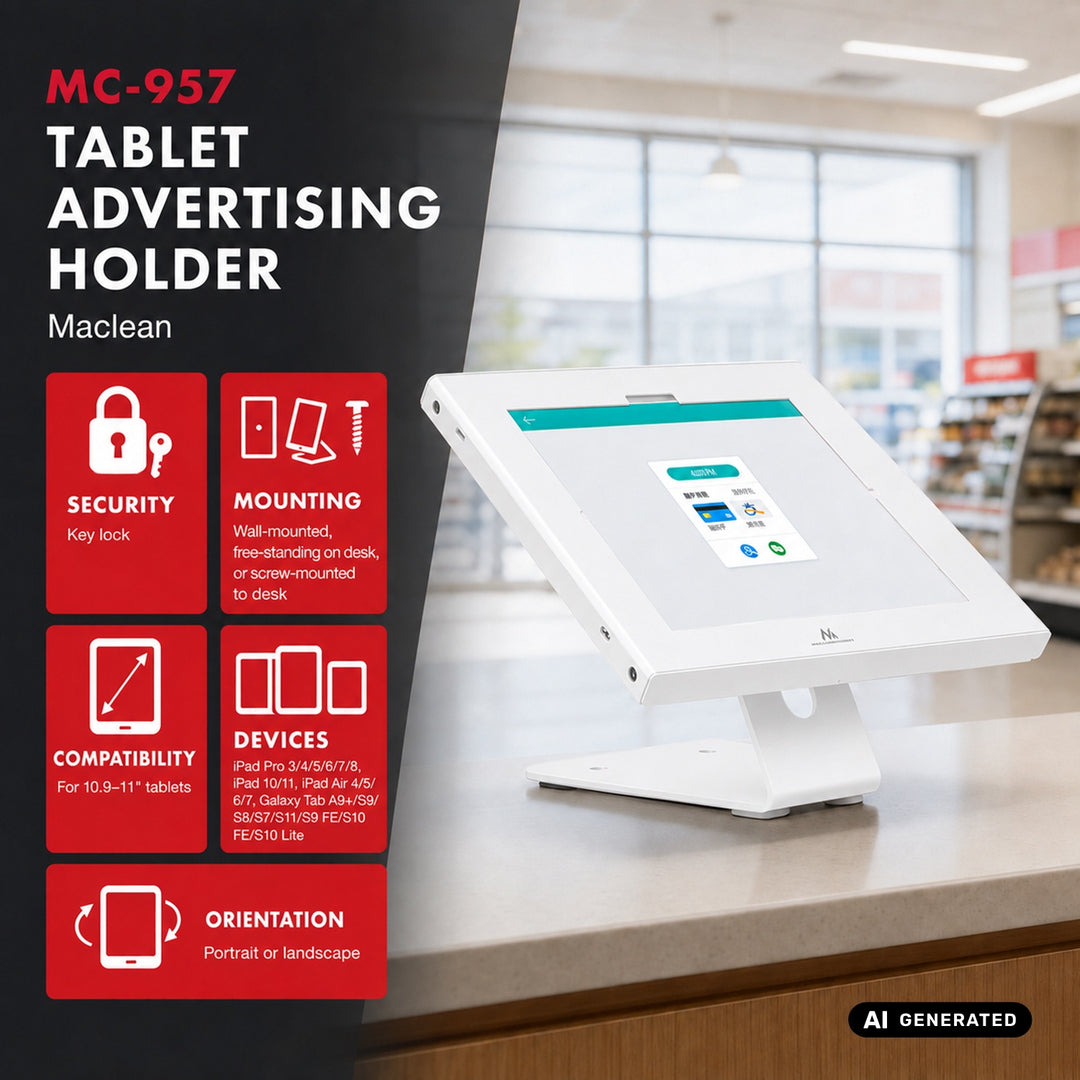 Maclean-hållare för surfplatta, med lås, 10,9–11 tum, iPad Air/Pro, Samsung Tab A- och S-serien, 220 × 323 × 22 mm, MC-957 W