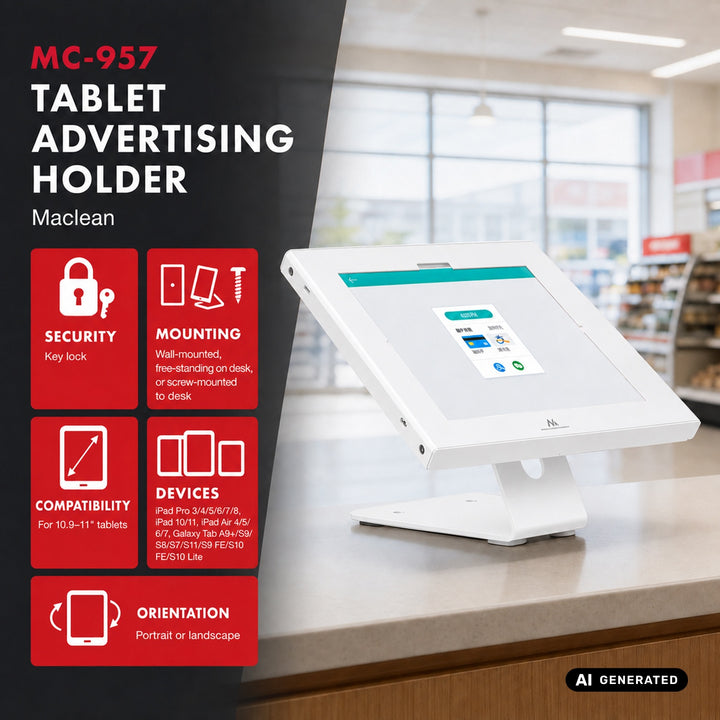 Maclean-hållare för surfplatta, med lås, 10,9–11 tum, iPad Air/Pro, Samsung Tab A- och S-serien, 220 × 323 × 22 mm, MC-957 W
