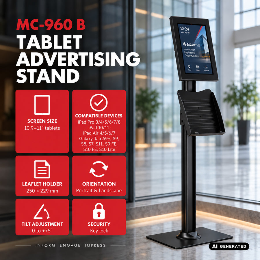Maclean-reklamhållare för surfplatta, med lås, 10,9–11 tum, iPad Air/Pro, Samsung Tab A- och S-serien, 220 × 323 × 22 mm, MC-960 B