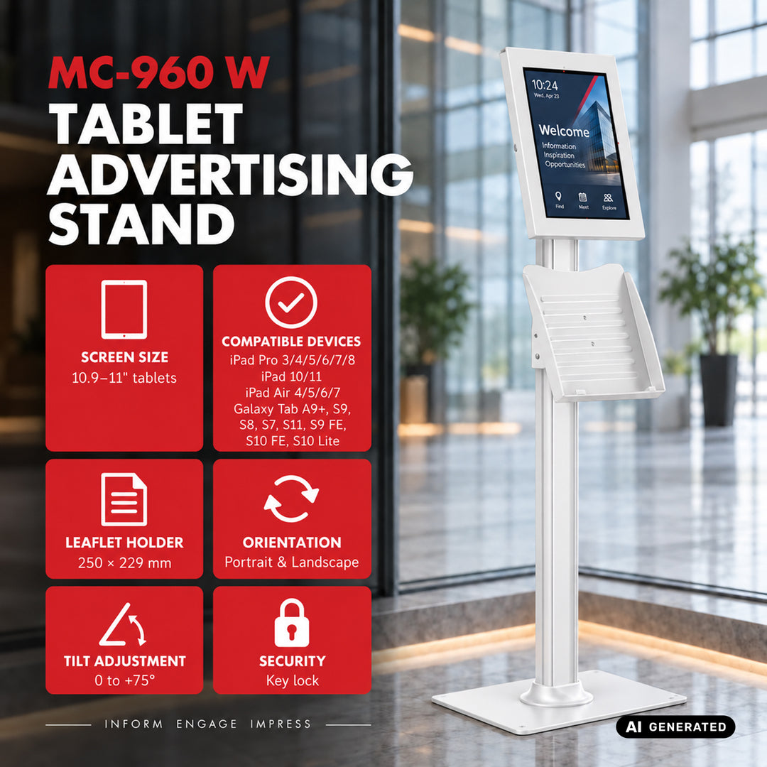 Maclean-hållare för surfplatta, med lås, 10,9–11 tum, iPad Air/Pro, Samsung Tab A- och S-serien, 220 × 323 × 22 mm, MC-960 W