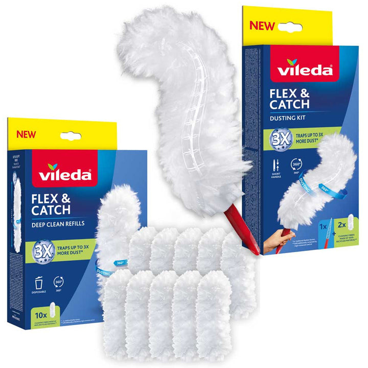 Vileda Flex&Catch dammvippa, med kort skaft, glidskydd, flexibel huvud + 10 st refiller