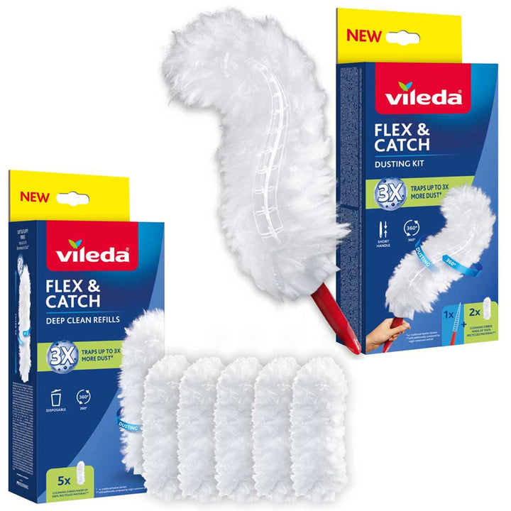 Vileda Flex&Catch dammvippa, med kort skaft, glidskydd, flexibel huvud + 5 stycken refiller