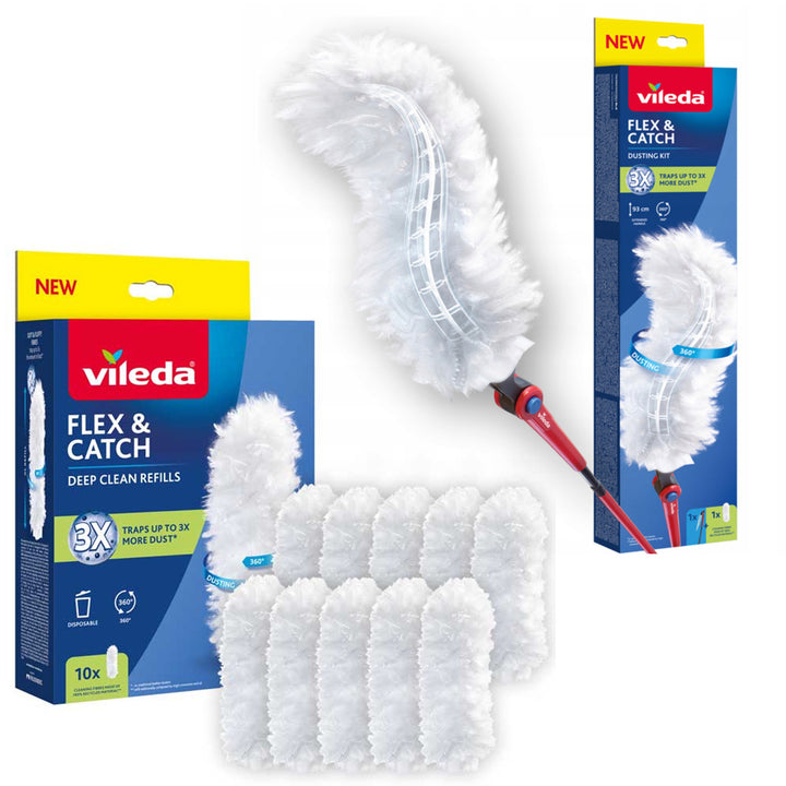 Vileda Flex&Catch dammvippa med långt skaft, glidskydd, flexibel huvud + 10 stycken dammvippinsatser