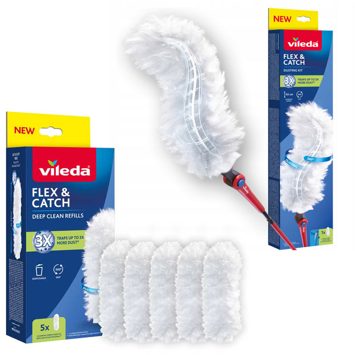 Vileda Flex&Catch dammvippa med långt skaft, glidskydd, flexibel huvud + 5 st dammvippinsatser