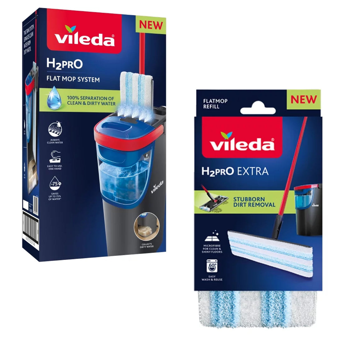 Vileda H2prO flat mopp, 100 % separation av rent och smutsigt vatten, två behållare, 2 mikrofiberdukar, 360°-munstycke, 175774