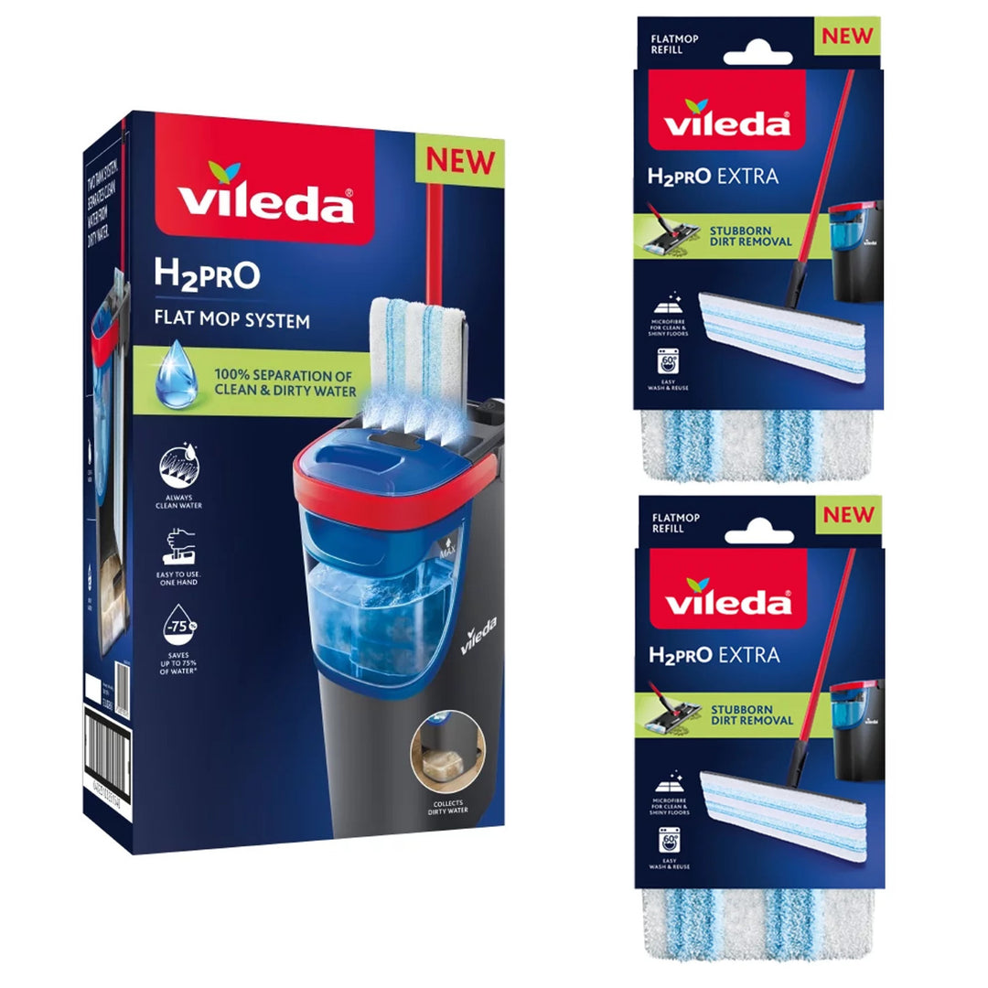 Vileda H2prO flat mopp, 100 % separation av rent och smutsigt vatten, två behållare, 3 mikrofiberöverdrag, 360°-munstycke, 175774